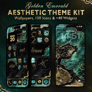 Peut inclure: Trois smartphones affichant un kit de thème esthétique Golden Emerald. Le thème comprend des fonds d'écran, 150 icônes et environ 40 widgets. Les écrans présentent un design en marbre noir et vert émeraude avec des accents dorés et diverses icônes d'applications.