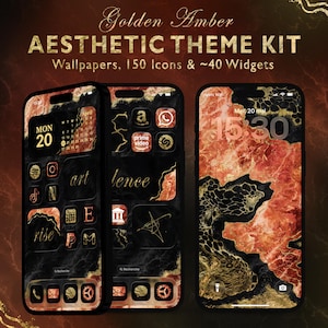 Amber Orange Marble Phone Theme: iOS Android Ikoner & Bakgrund (Digital Nedladdning)
