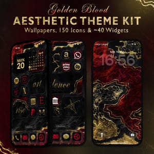 Peut inclure: Kit de thème esthétique avec fonds d'écran, 150 icônes et environ 40 widgets. Le design présente un effet marbre noir et rouge avec des accents dorés. Le texte comprend "Golden Blood" et "Aesthetic Theme Kit". Le téléphone affiche l'heure et la date.