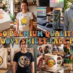 May include: A digital collection of 50 premium quality groovy smiley face PNG files featuring various yellow circular icons with diverse expressions, accessories, and patterns displayed on apparel, mugs, tumblers, and gift boxes.