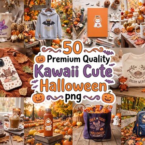 May include: A digital collection of 50 premium quality Kawaii cute Halloween PNG files featuring various illustrations of bats, pumpkins, and ghosts on items like tote bags, hoodies, phone cases, mugs, notebooks, and backpacks with autumn themes.