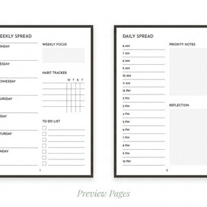 Puede incluir: Una página doble de un planificador, con un diseño semanal y diario. La página izquierda es para la planificación semanal, con secciones para cada día, un rastreador de hábitos y una lista de tareas. La página derecha es para la planificación diaria, con espacios horarios y notas.