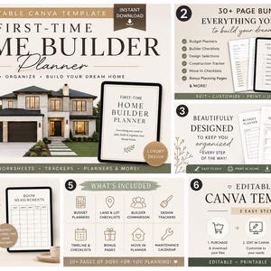 Op de afbeelding: Een digitale sjabloon voor een huisbouwerplanner met een modern ontwerp. De planner bevat checklists, werkbladen en trackers. De afbeelding toont een huis en een tablet met de tekst "First-Time Home Builder Planner".