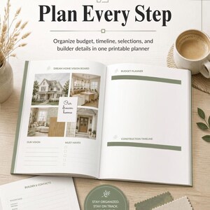 Op de afbeelding: Een printbare woningbouwplanner met een open pagina met een Dream Home Vision Board, budgetplanner en bouwtijdlijn. De tekst luidt Plan Every Step, Organize budget, timeline, selections, and builder details in one printable planner.