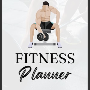 Puede incluir: Portada de planificador de fitness con una ilustración de una persona levantando una mancuerna. La persona lleva pantalones cortos negros y zapatos blancos. El texto "FITNESS Planner" se muestra en negro.