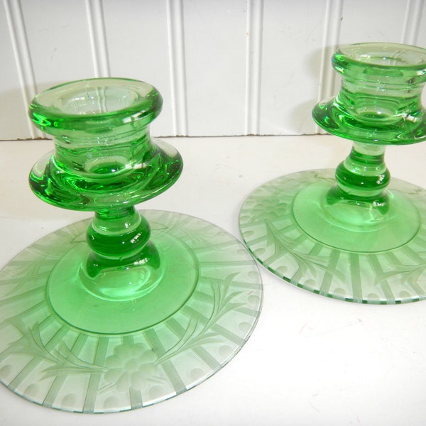 Green Depression Glass Candle Sticks Holders /  Etched  Glass/ Collectible/ Home Decor / Candles/ Shabby Chic/  Set of 2.