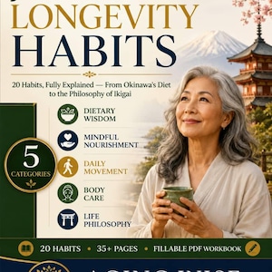 Japanese Longevity Planner PDF | 42-Page Fillable Wellness Workbook | Ikigai Journal, Habit Tracker, Self Care Guide Over 40