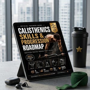 Może przedstawiać: Tablet wyświetlający przewodnik szkoleniowy "Calisthenics Skills & Progression Roadmap". Obecna jest również czarna butelka z shakerem ze złotą gwiazdą, zielona taśma oporowa i bezprzewodowe słuchawki. Przewodnik obiecuje 100% treningu z masą ciała.
