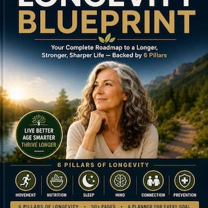 May include: A book cover titled The Longevity Blueprint by Aging Wise with Jenny K. Kent. It features a person with gray hair looking toward a sunrise over mountains. The cover lists 6 pillars of longevity: movement, nutrition, sleep, mind, connection, and prevention, and notes 50+ pages.