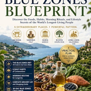 May include: The book cover for The Blue Zones Blueprint by Jenny K. Kent features the title in large blue and green text. It includes icons for Okinawa, Sardinia, Ikaria, Nicoya, and Loma Linda, plus images of olive oil, nuts, and produce.