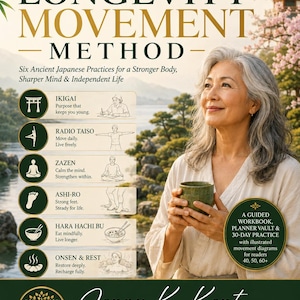 May include: A book cover titled The Longevity Movement Method by Jenny K. Kent. It features an older person holding a green mug, a list of six Japanese practices with icons, and a circular badge noting it is a guided workbook for readers 40, 50, 60+.
