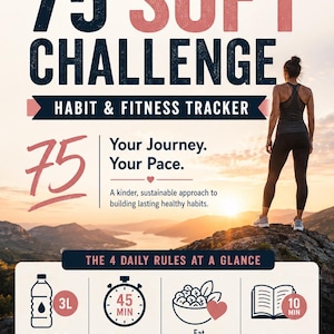 May include: A fitness tracker with the text "75 SOFT CHALLENGE" in large letters. The tracker includes daily rules: water intake (3L), workout (45 min), healthy eating, and reading (10 min). A woman stands on a mountain.