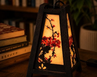 Handmade Thai Wooden Table Lamp, Floral Rice Paper Lantern, Asian Accent Lighting, Boho Decor