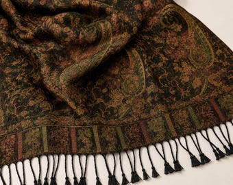 Black Paisley Shawl Wrap with Tassels, Floral Pashmina Style Scarf, Lightweight Evening Wrap for Women