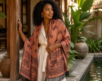 Terracotta Elephant Shawl, Thai Woven Wrap with Fringe, Lightweight Boho Scarf