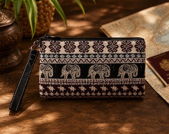 Thai Elephant Wristlet Pouch, Woven Zipper Bag, Small Travel Organizer, Brown Black Textile Wallet