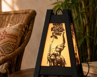 Handmade Thai Elephant Table Lamp, Rice Paper Lantern, Asian Accent Lighting, Boho Decor