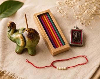 Thai Incense Gift Set, Ceramic Elephant Incense Holder, Buddhist Amulet and Sai Sin Bracelet
