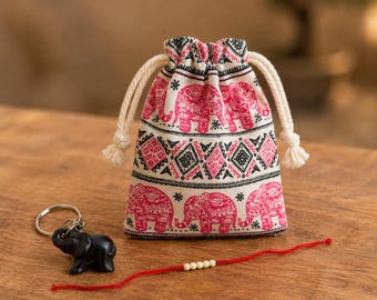 Thai Elephant Drawstring Pouch Gift Set, Black Elephant Keychain, Red Sai Sin Blessing Bracelet