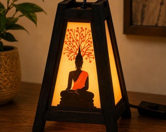 Handmade Thai Wooden Buddha Table Lamp, Bodhi Tree Meditation Light, Spiritual Asian Boho Decor