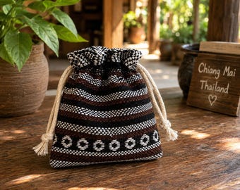 Woven Thai Drawstring Coin Pouch, Black Brown Tribal Pattern Small Travel Bag