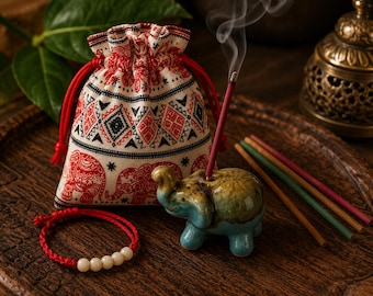 Elephant Incense Holder Gift Set, Thai Elephant Decor, Meditation Gift, Handmade Drawstring Pouch, Sai Sin Bracelet, Thailand Souvenir
