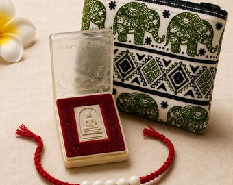 Thai Buddha Amulet | Buddhist Talisman Gift Set with Sai Sin Blessing Cord & Elephant Pouch