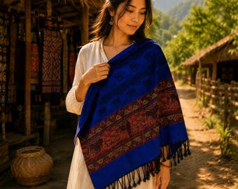 Blue Elephant Shawl Wrap, Royal Blue Burgundy Thai Woven Fringe Scarf