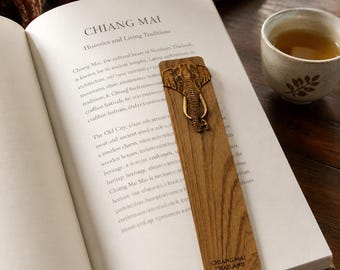 Chiang Mai Elephant Wooden Bookmark, Brass Elephant Book Lover Gift, Thai Artisan Travel Souvenir