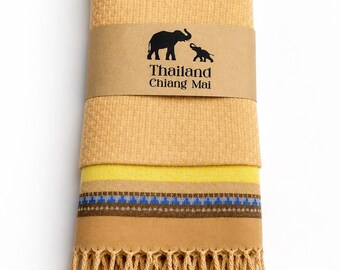 100% Cashmere Shawl, Beige Chiang Mai Wrap with Fringe, Blue Geometric Border Scarf