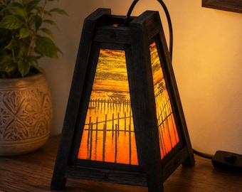 Handmade Thai Wooden Table Lamp, Sunset Accent Light, Boho Meditation Decor