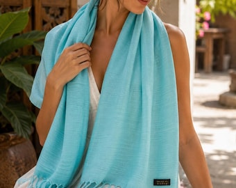 100% Thai Silk Scarf, Aqua Blue Lightweight Shawl, Hand-Tied Fringe Chiang Mai Wrap