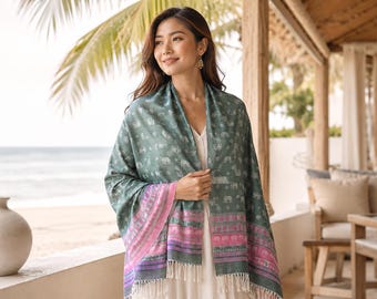 Green Thai Elephant Scarf, Pink Border Shawl, Lightweight Beach Wrap, Boho Travel Scarf