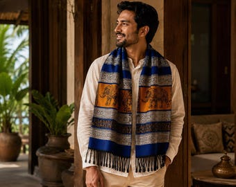 Woven Elephant Shawl Wrap, Thai Boho Royal Blue Amber Scarf, Fringe Travel Accessory