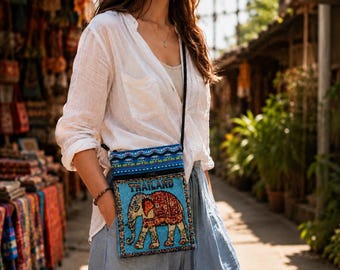 Thai Elephant Crossbody Bag, Small Woven Travel Purse, Blue Thailand Shoulder Bag
