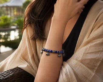 Royal Blue Beaded Elephant Charm Bracelet, Thai Boho Jewelry