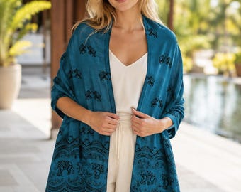 Turquoise Elephant Woven Shawl, Thai Inspired Fringe Wrap, Boho Travel Scarf