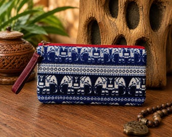 Thai Elephant Wristlet Pouch, Blue Woven Zipper Bag, Small Travel Organizer