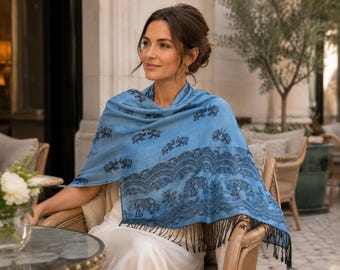Blue Elephant Print Scarf, Lightweight Chiang Mai Shawl, Boho Travel Wrap