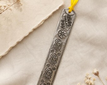 Thai Metal Bookmark with Yellow Ribbon, Embossed Hill Tribe Design, Thailand Book Lover Gift