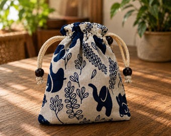 Thai Elephant Drawstring Pouch, Blue Fabric Jewelry Bag, Small Travel Organizer