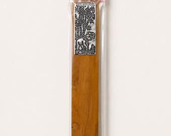 Thai Elephant Wooden Bookmark, Silver-Tone Inlay, Rustic Travel Souvenir