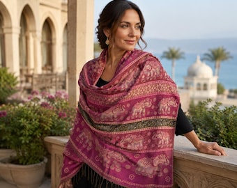 Thai Elephant Woven Shawl, Magenta Boho Pashmina Fringe Wrap, Lightweight Travel Scarf