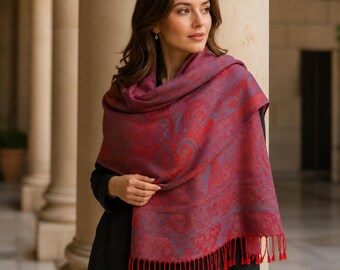 Red Paisley Shawl Wrap, Woven Fringe Scarf, Burgundy Blue Floral Shoulder Wrap, Lightweight Bohemian Accessory