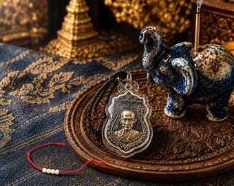 Thai Buddhist Amulet Gift Set, Monk Protection Charm, Sai Sin Bracelet, Elephant Incense Holder