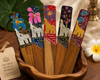 Hand Painted Wooden Bookmarks Set of 5, Elephant Floral Bookmarks, Chiang Mai Thailand Souvenir, Unique Gift for Book Lovers