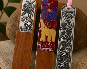 Thai Elephant Bookmark Set, Wood and Metal, Chiang Mai Keepsake for Readers