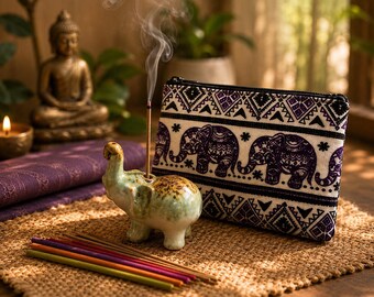 Thai Ceramic Elephant Incense Holder Gift Set with Pouch and Sticks