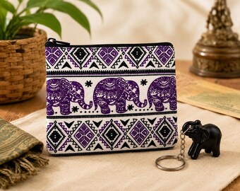 Purple Elephant Zipper Coin Purse with Keychain, Small Thai Travel Pouch