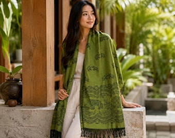 Olive Green Elephant Scarf, Thai Woven Shawl with Fringe, Lightweight Boho Wrap